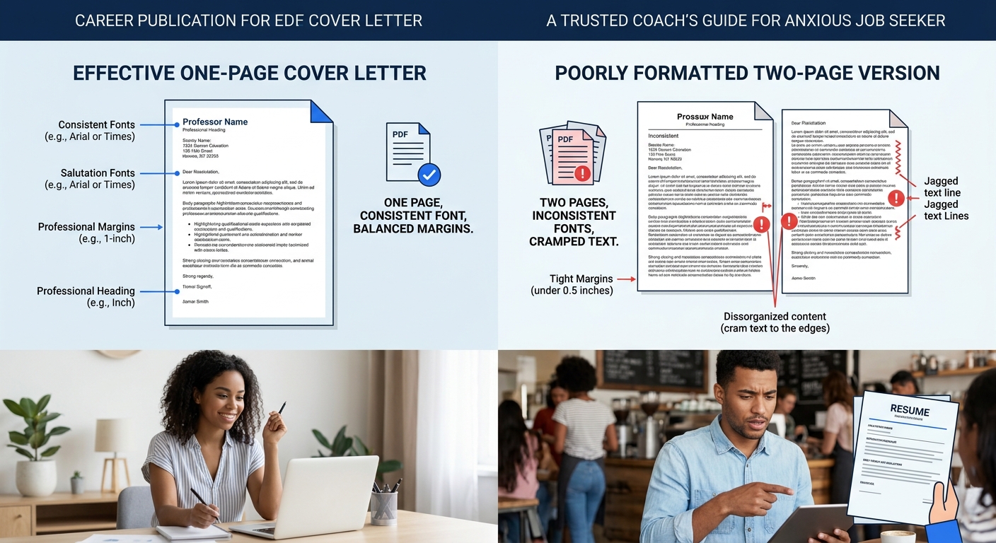 side-by-side comparison of a properly formatted one-page cover letter PDF versus a poorly formatted two-page version with inconsistent fonts and tight margins