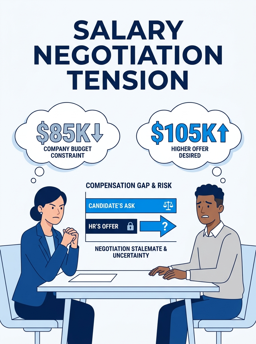 HR manager and candidate in salary negotiation meeting, with contrasting facial expressions showing tension over compensation discussion