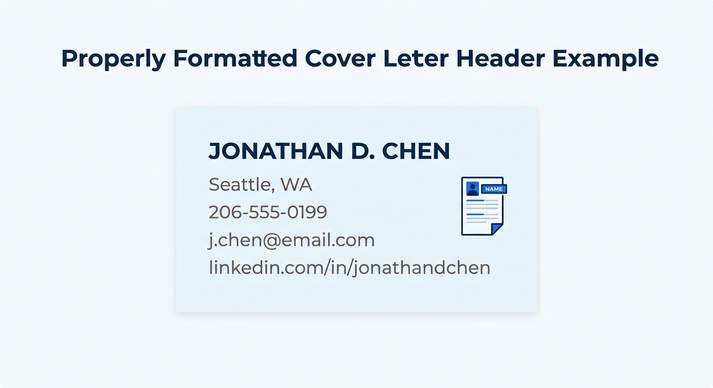 Example cover letter header showing a properly formatted name in slightly larger bold font, followed by city/state, phone number, email address, and LinkedIn URL, each on separate lines with proper sp
