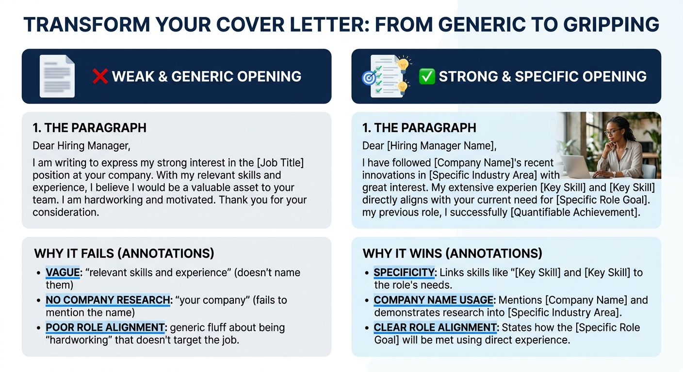 Infographic comparing a weak generic cover letter opening paragraph versus a strong, specific opening paragraph, with annotations highlighting the differences in specificity, company name usage, and r