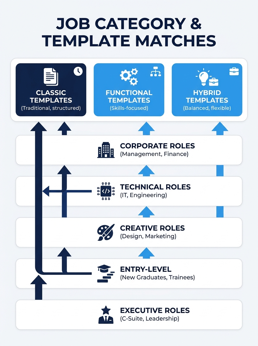 an infographic showing five job categories (Corporate, Technical, Creative, Entry-Level, Executive) with icons and brief descriptions, connected by arrows to the three template formats they pair with