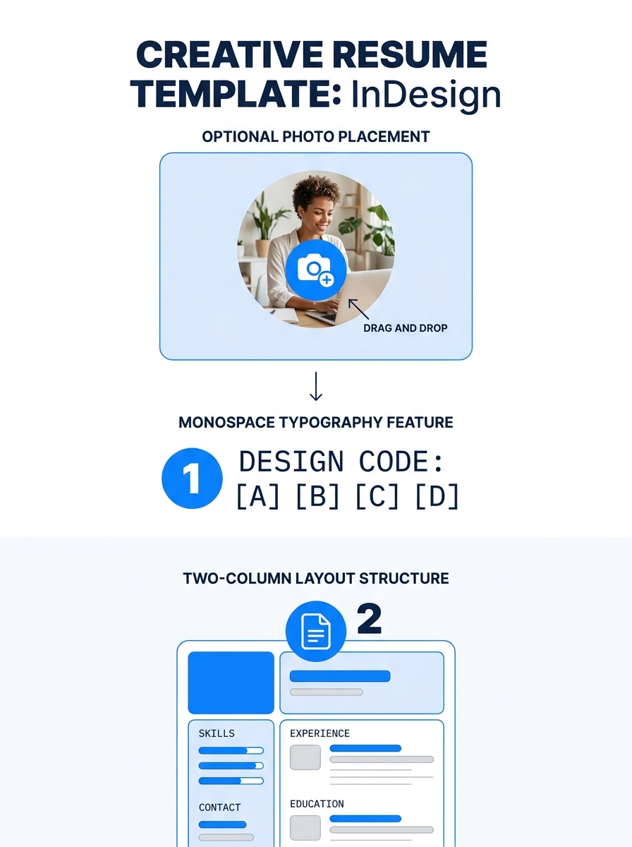 Creative two-column Adobe InDesign resume template showing optional photo placement and monospace typography