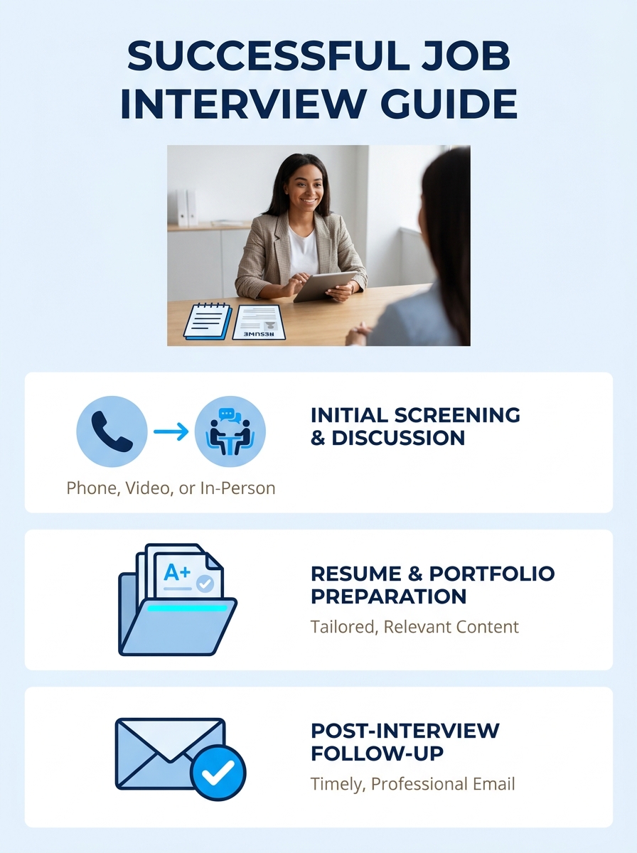 Professional woman conducting job interview across desk with notepad and resume visible