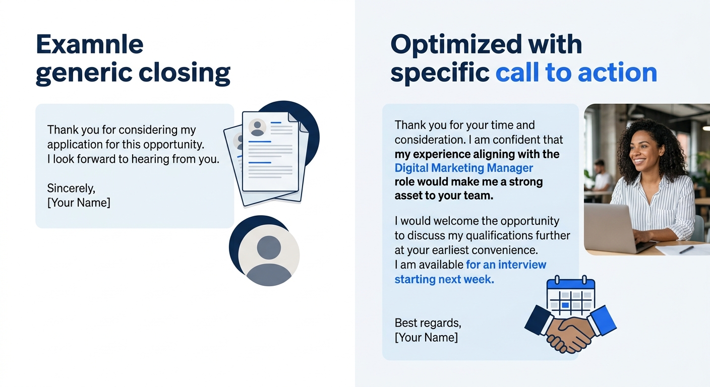 A side-by-side comparison of two cover letter closings, one generic and one with a specific call to action mentioning the role and availability