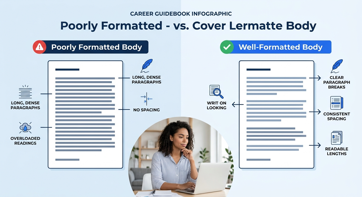 Side-by-side comparison of a poorly formatted cover letter body with long, dense paragraphs and no spacing versus a well-formatted version with clear paragraph breaks, consistent spacing, and readable