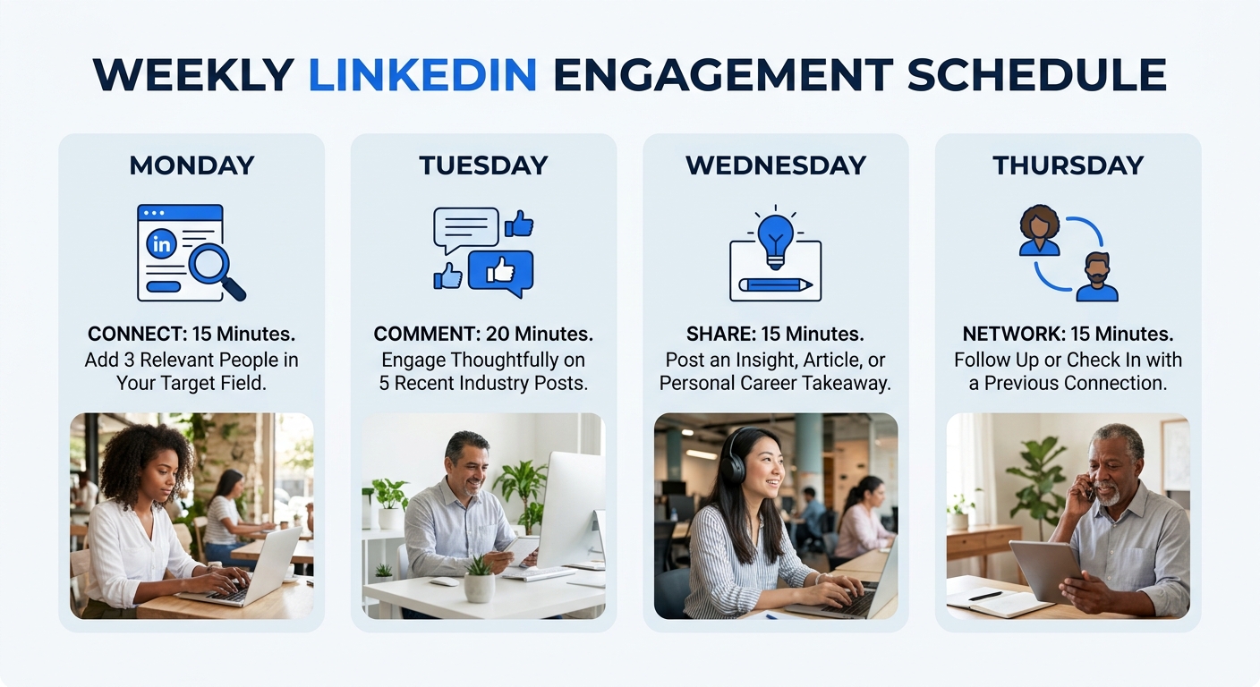 illustration of a weekly LinkedIn engagement schedule showing a calendar with specific daily activities like commenting, posting, and connecting mapped to each day of the work week