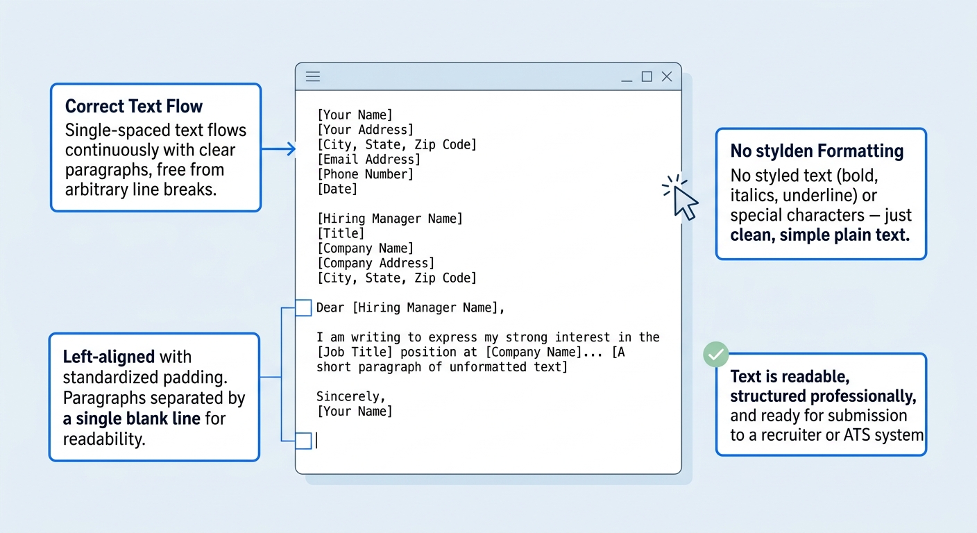 a screenshot-style illustration showing a cover letter being pasted into a plain text editor, with annotations pointing out correct text flow and no formatting errors