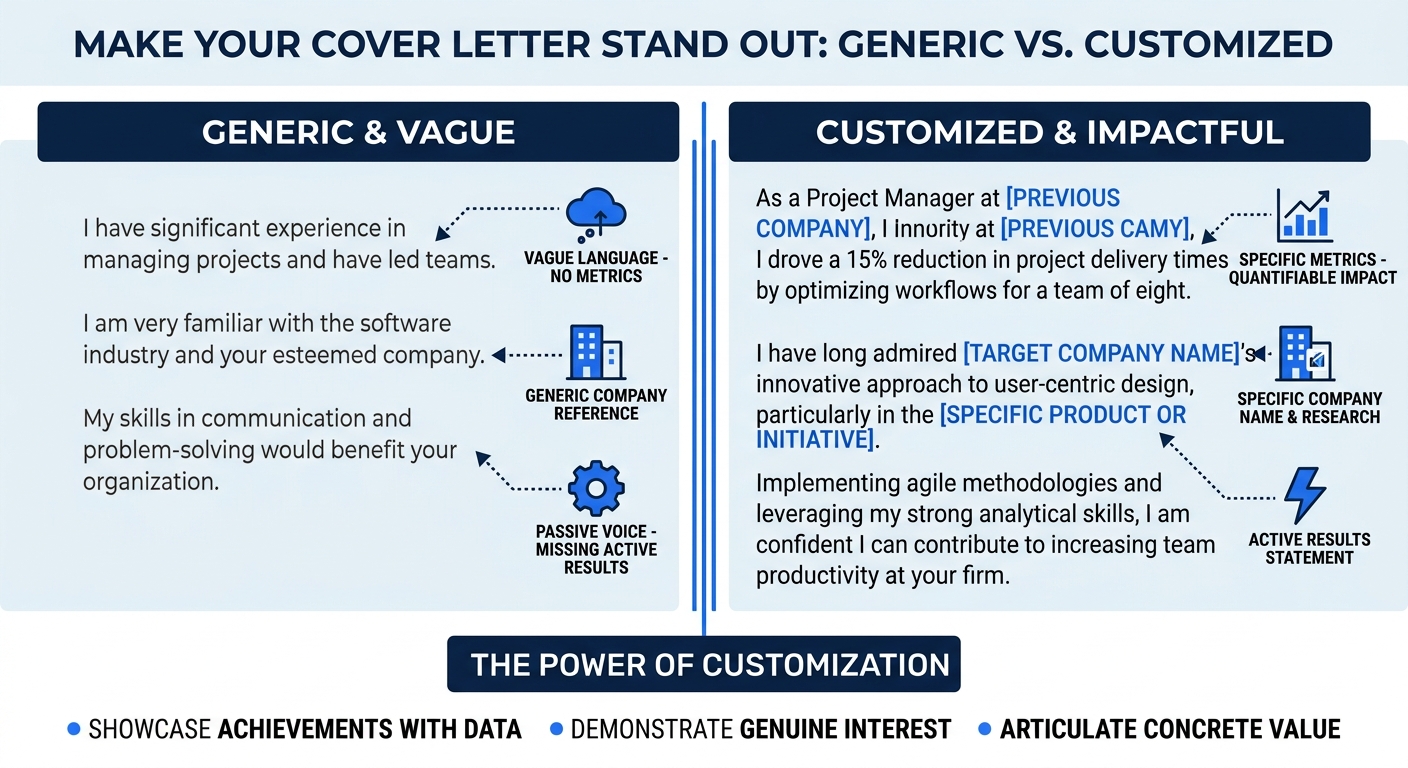 An infographic showing a side-by-side comparison of a generic cover letter body paragraph versus a customized one, with annotations pointing out specific improvements: vague language replaced by metri