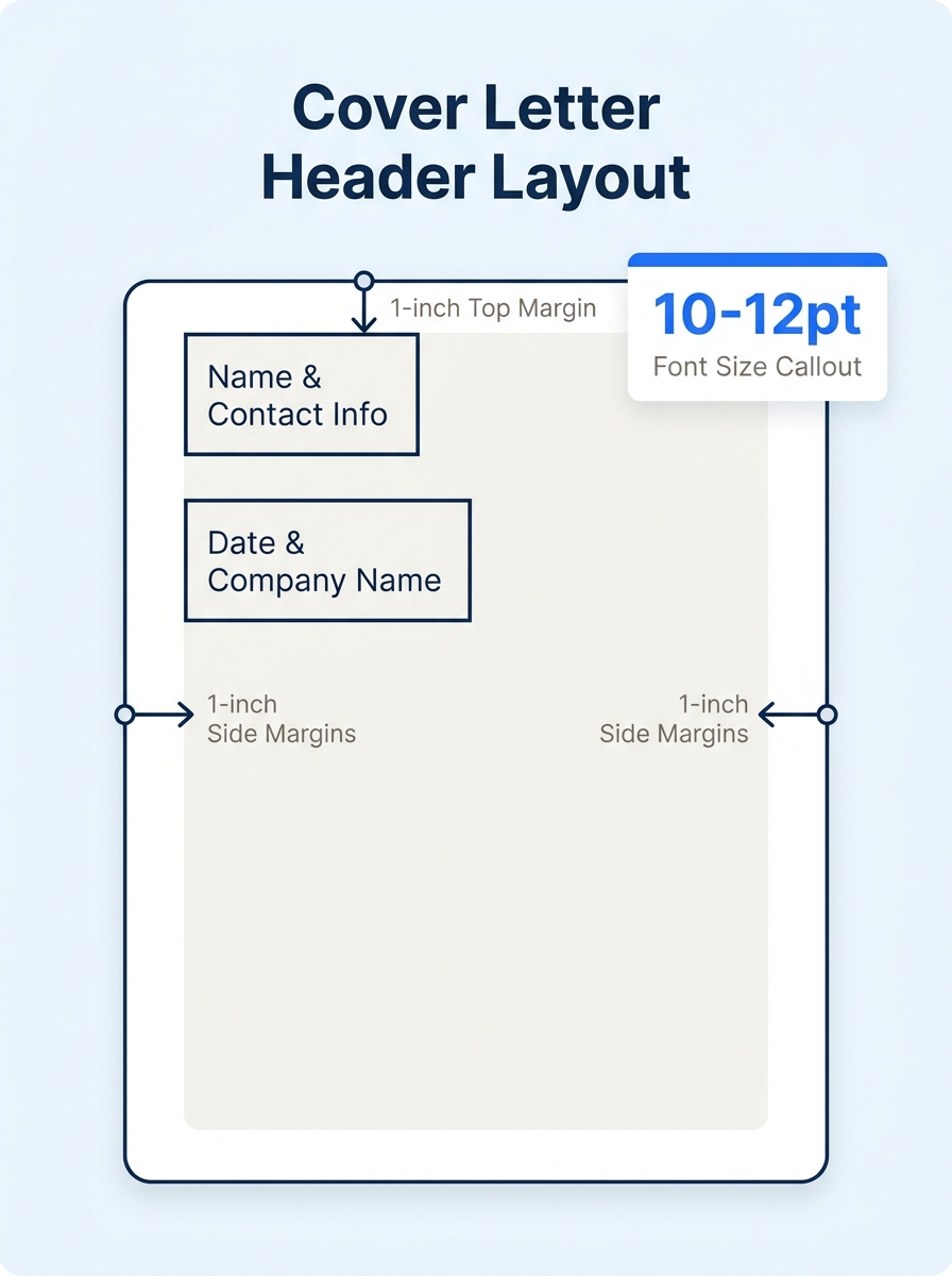 An infographic showing a cover letter header layout with labeled measurements, 1-inch margins on all sides, name and contact info at top left, date and company name below, with font size callout showi