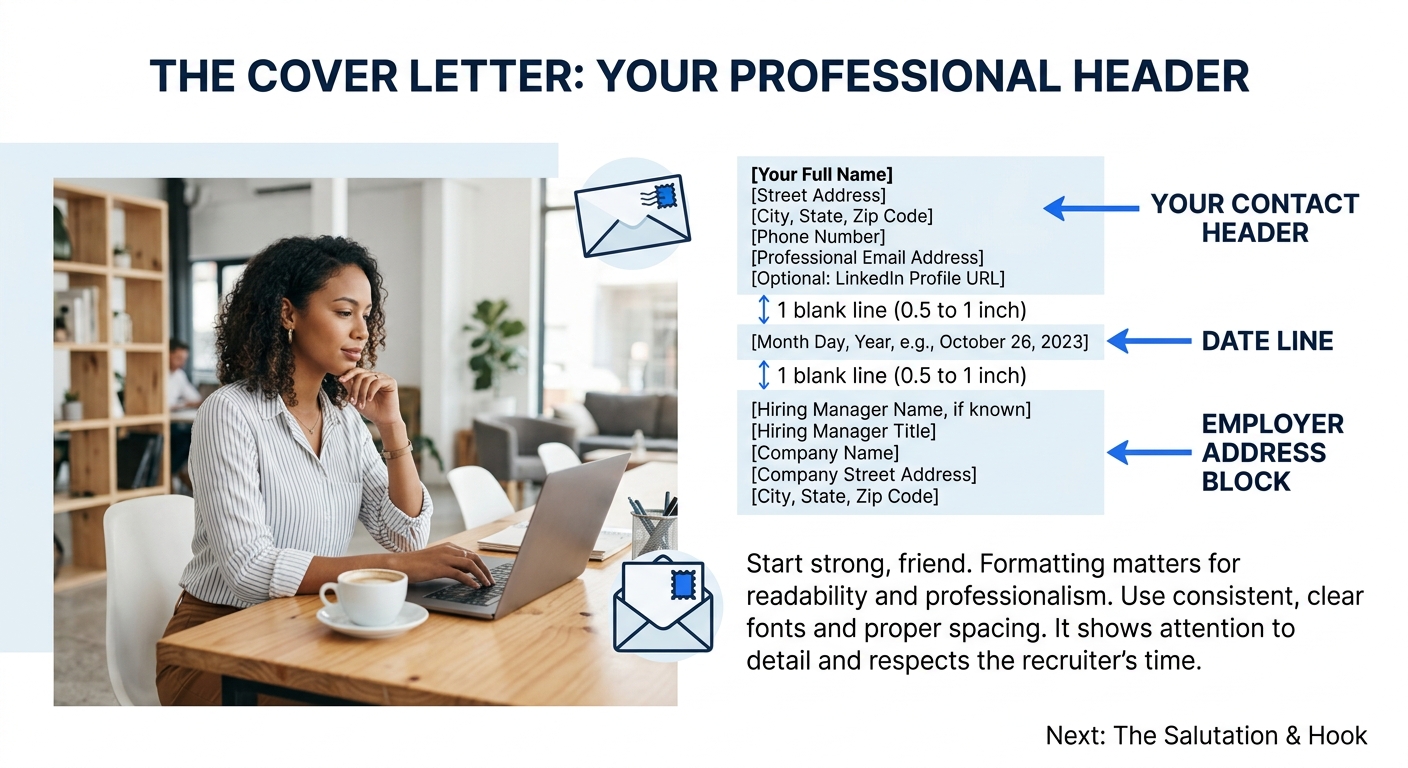 An infographic showing the complete top portion of a properly formatted cover letter, with labeled arrows pointing to the contact header, date line, and employer address block, plus measurements showi