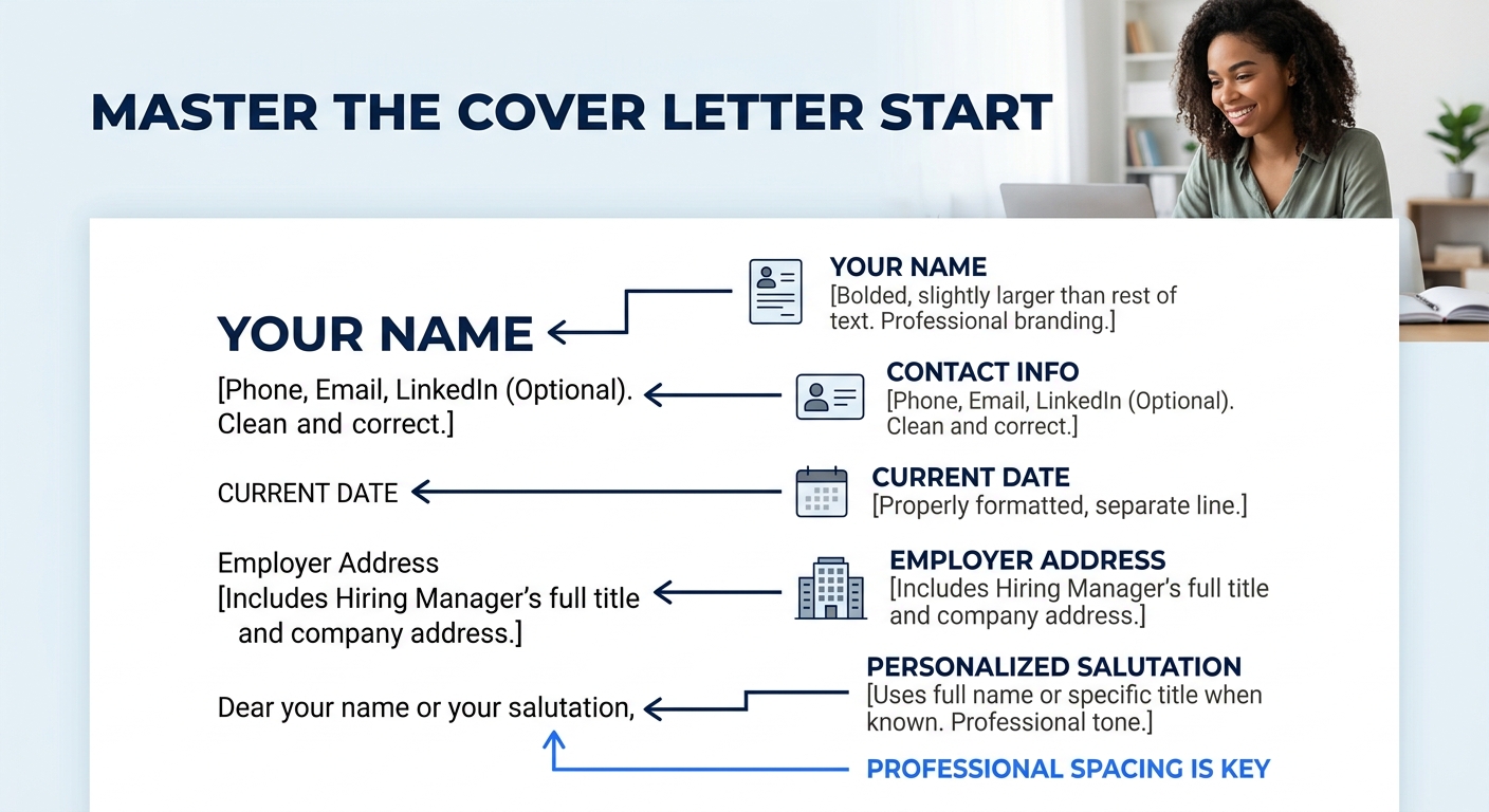 Annotated cover letter header and address block showing proper spacing between elements, with arrows pointing to the name, contact info, date, employer address, and salutation, all left-aligned with 1
