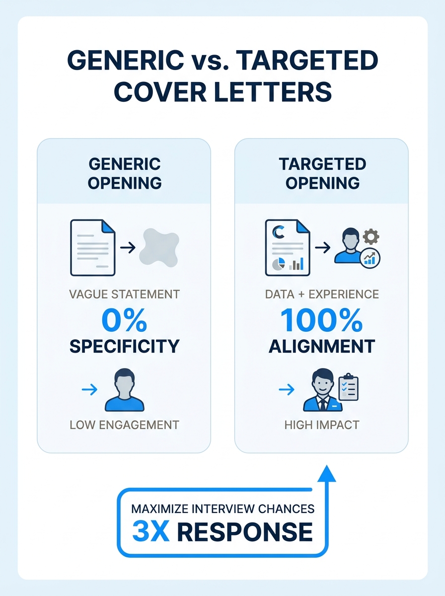 Side-by-side comparison showing generic cover letter opening replaced with specific company data and matching candidate experience