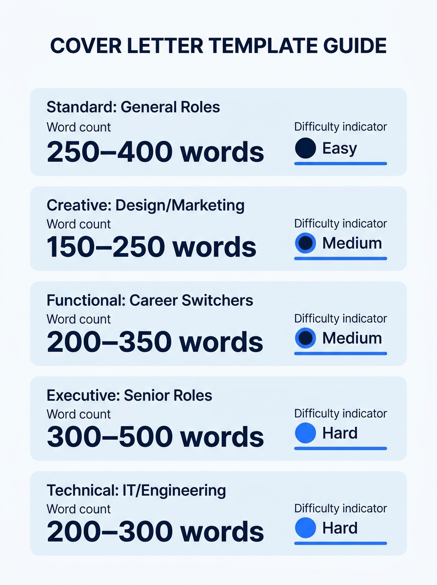 Infographic comparing five cover letter templates in a grid format, showing template name, ideal use case, word count range, and difficulty level with color-coded indicators