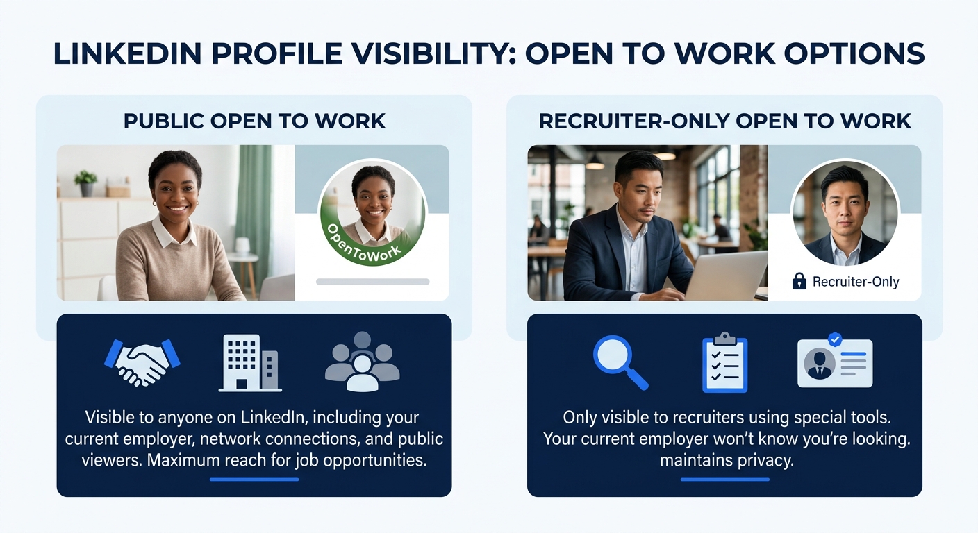 side-by-side comparison illustration showing two LinkedIn profile photos, one with the green OpenToWork public banner and one with a subtle lock icon indicating the private recruiter-only setting, wit