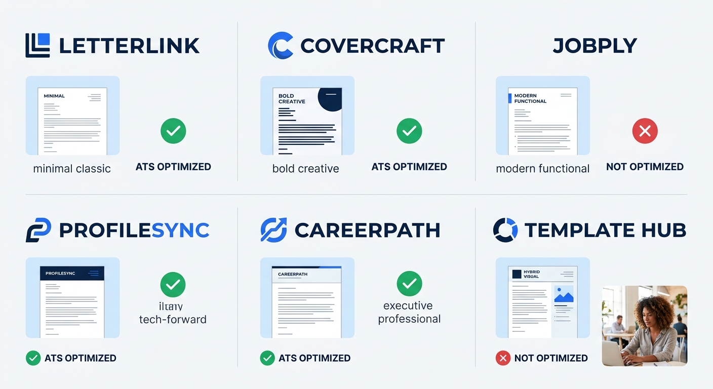A clean comparison graphic showing six cover letter template platform logos arranged in a grid, each with a small sample thumbnail of their template style and a checkmark or X indicating ATS compatibi