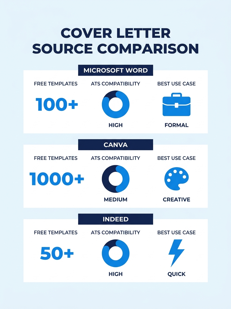 Infographic comparing three cover letter template sources (Microsoft Word, Canva, Indeed) with columns showing number of free templates, ATS compatibility rating, and best use case for each