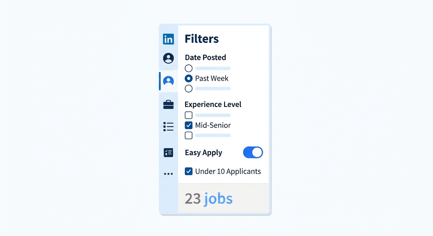 screenshot-style illustration of LinkedIn's job search filter sidebar showing Date Posted set to Past Week, Experience Level set to Mid-Senior, Easy Apply toggled on, Under 10 Applicants checked, and
