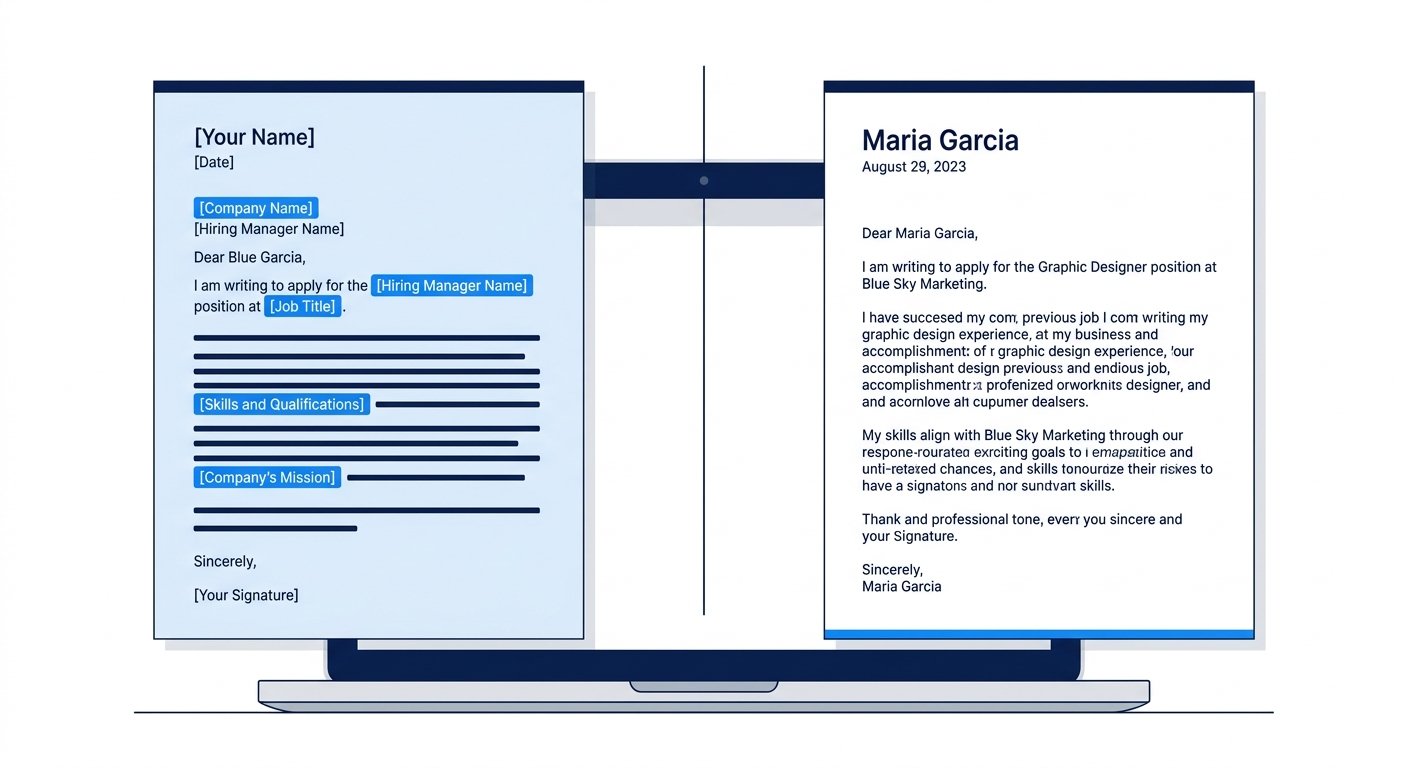 A side-by-side comparison of two documents on a computer screen, on the left, a cover letter template with highlighted placeholder brackets like Company Name and Job Title, and on the right, the same