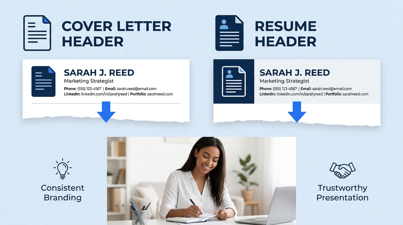 side-by-side comparison of a cover letter header and resume header showing consistent formatting, fonts, and contact info alignment