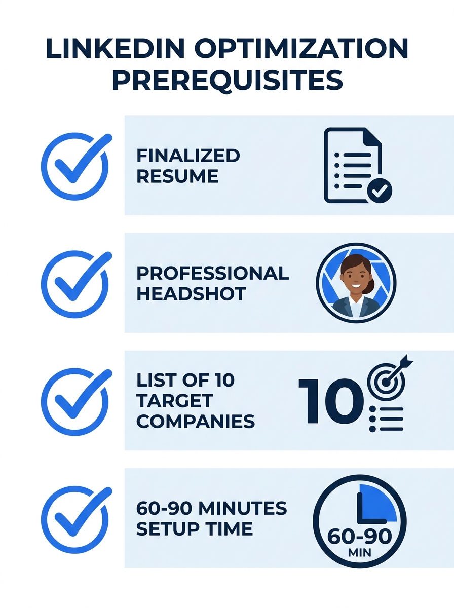 A checklist infographic showing the four prerequisites for LinkedIn optimization - finalized resume, professional headshot, list of 10 target companies, and 60-90 minutes of setup time, with checkboxe