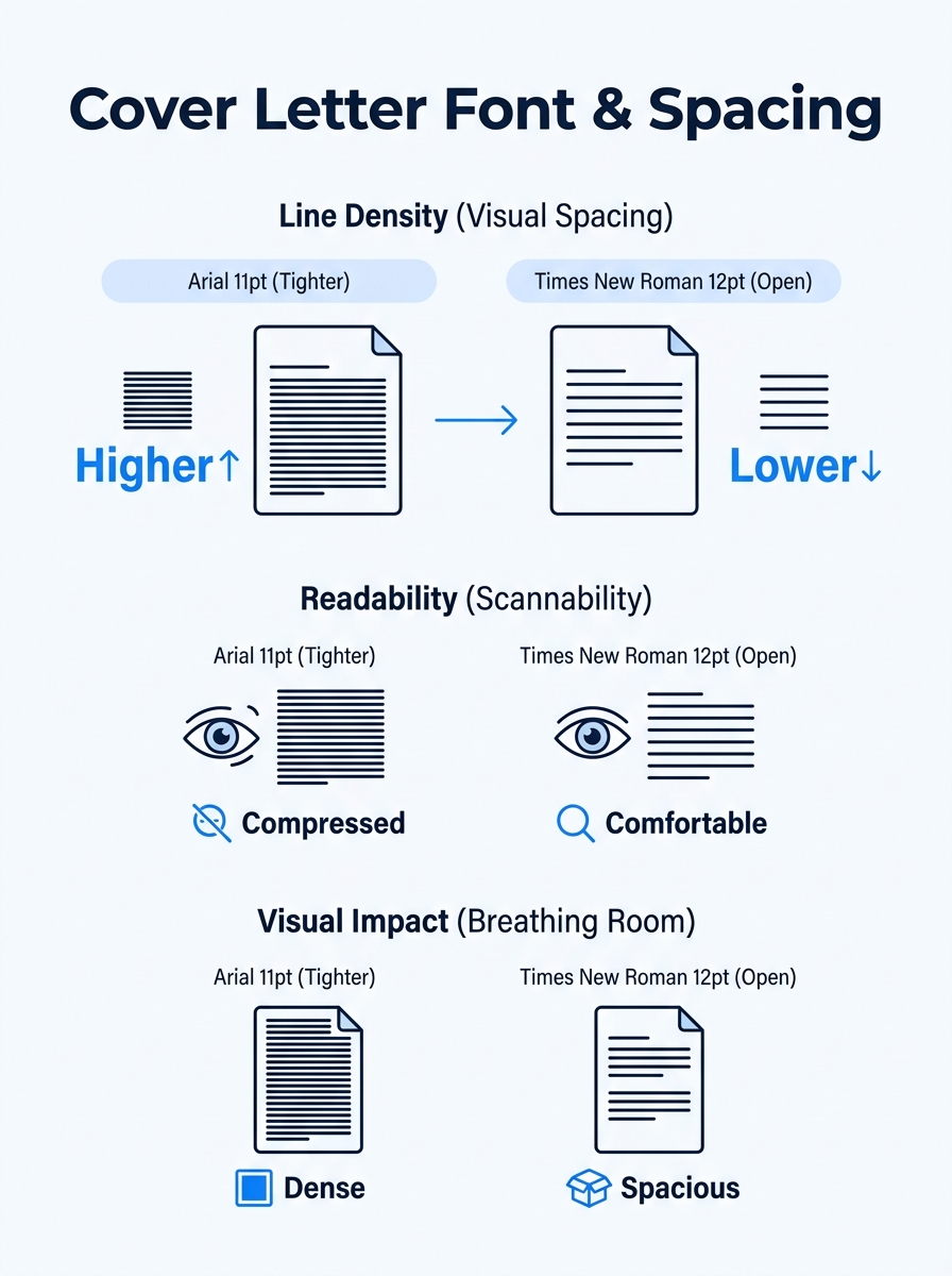 Side-by-side comparison of a cover letter in Arial 11pt versus Times New Roman 12pt showing the visual difference in line density and readability on white letter-sized pages