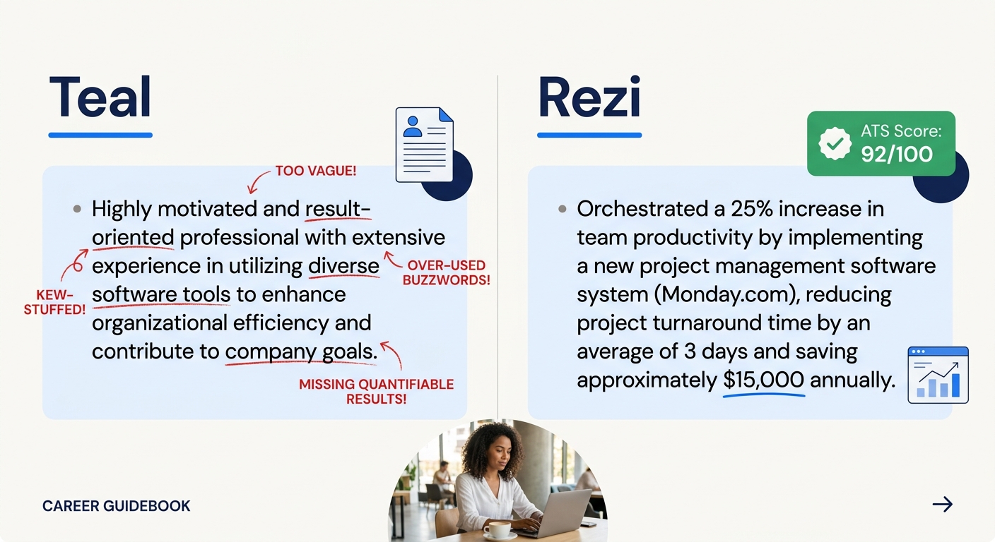 Side-by-side comparison of two AI-generated resume bullet points, one labeled Teal showing a generic, keyword-stuffed bullet with red editing marks, and one labeled Rezi showing a specific, role-tailo