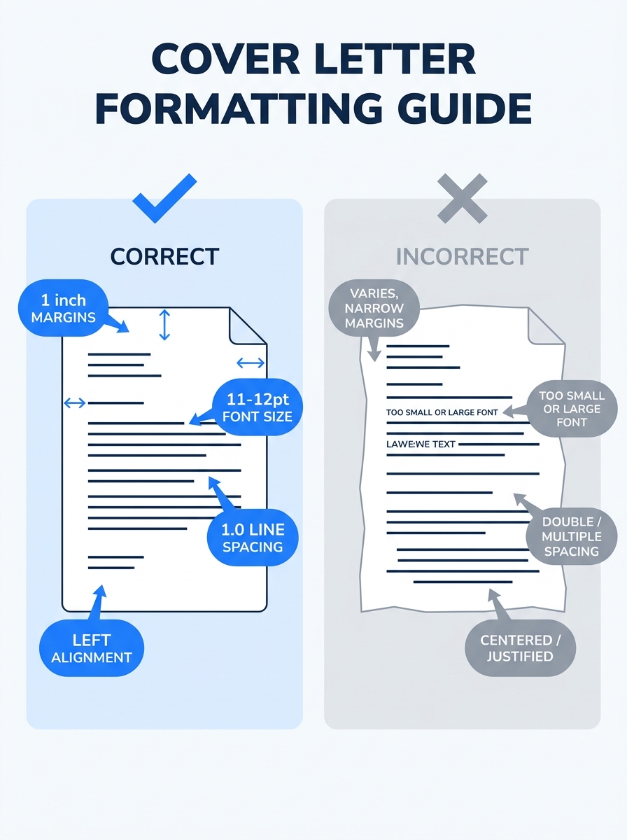 Infographic showing a cover letter document with labeled callouts pointing to margin settings (1 inch), font size (11-12pt), line spacing (single/1.0), and left alignment, with correct and incorrect e