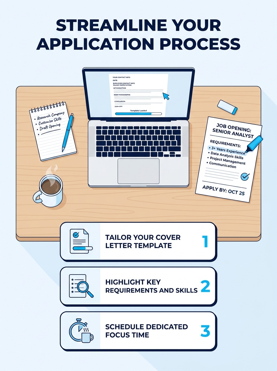 A clean desktop workspace showing a laptop with a cover letter template open beside a printed job posting, with a notepad and coffee mug