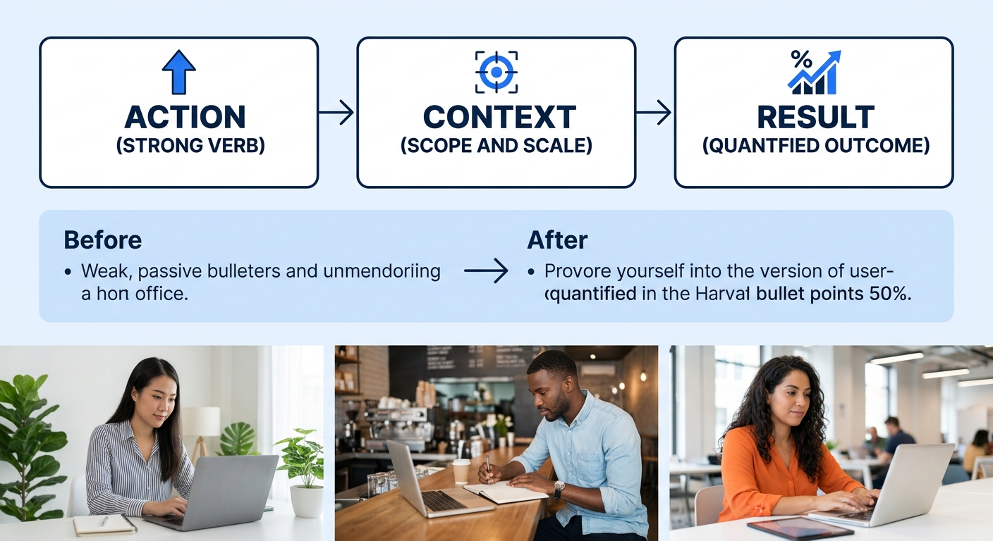 An infographic showing the Harvard bullet formula with three connected boxes labeled Action (strong verb), Context (scope and scale), and Result (quantified outcome), with a before-and-after example b