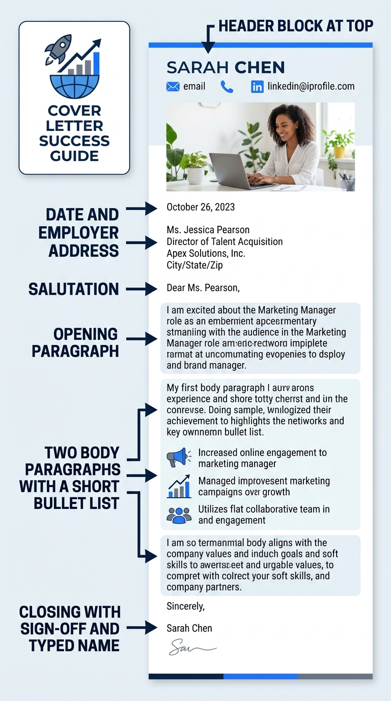 A complete one-page cover letter sample showing all six sections labeled with arrows: header block at top, date and employer address, salutation, opening paragraph, two body paragraphs with a short bu