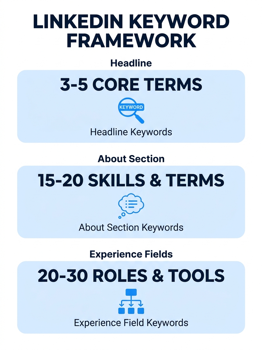 LinkedIn profile optimization framework showing keyword distribution across headline, about section, and experience fields