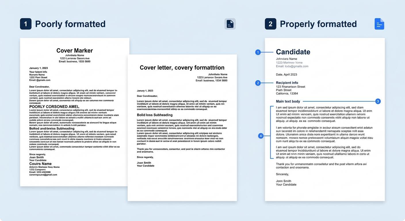 A side-by-side comparison of a poorly formatted cover letter on the left with inconsistent font sizes and two pages next to a properly formatted single-page version on the right with clean left-justif