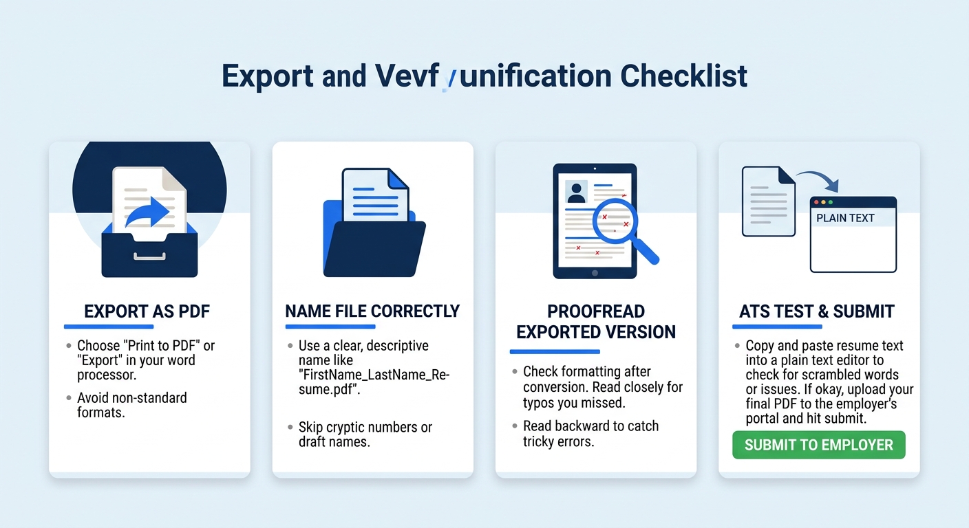 A five-step checklist diagram showing the export and verification workflow: export as PDF, name file correctly, proofread the exported version, paste into plain text editor for ATS test, then submit t