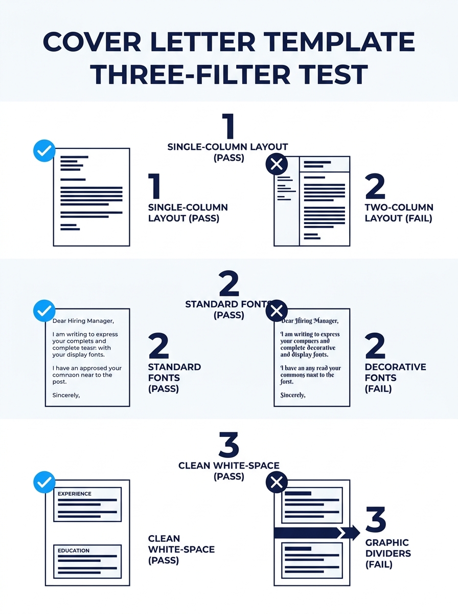 Infographic showing the three-filter test for cover letter templates, with visual examples of a passing single-column layout versus a failing two-column layout, standard fonts versus decorative fonts,
