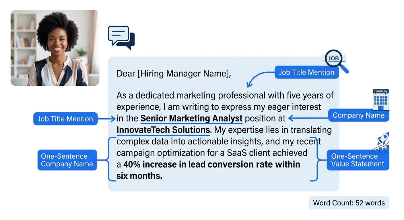 A cover letter opening paragraph example with annotations highlighting the job title mention, the company name, and the one-sentence value statement, with word count noted as 52 words