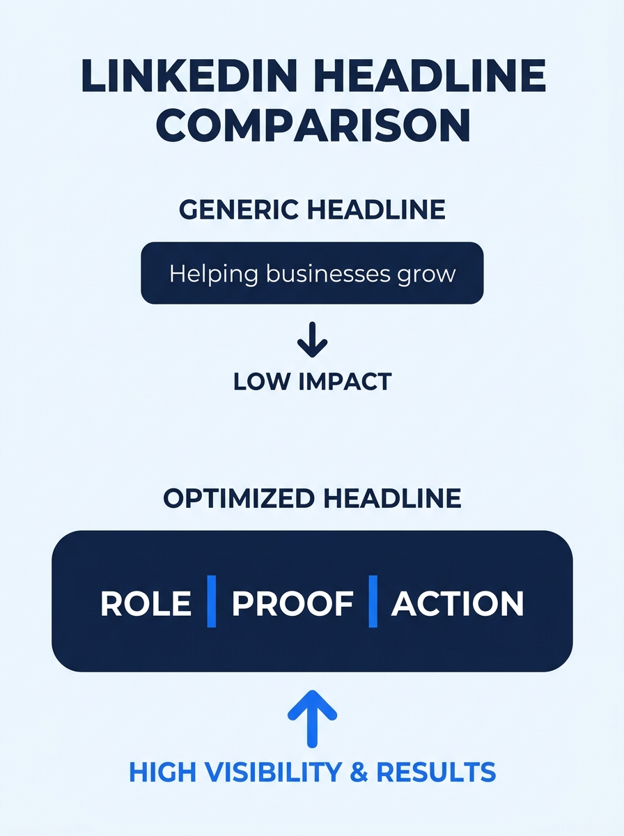 Split-screen comparison showing a generic "Helping businesses grow" LinkedIn headline versus a keyword-optimized headline with role, proof, and action segments separated by vertical bars