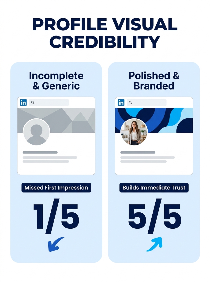 A side-by-side comparison showing a LinkedIn profile with no photo and a generic default banner versus one with a professional headshot and a branded banner image, highlighting the visual credibility