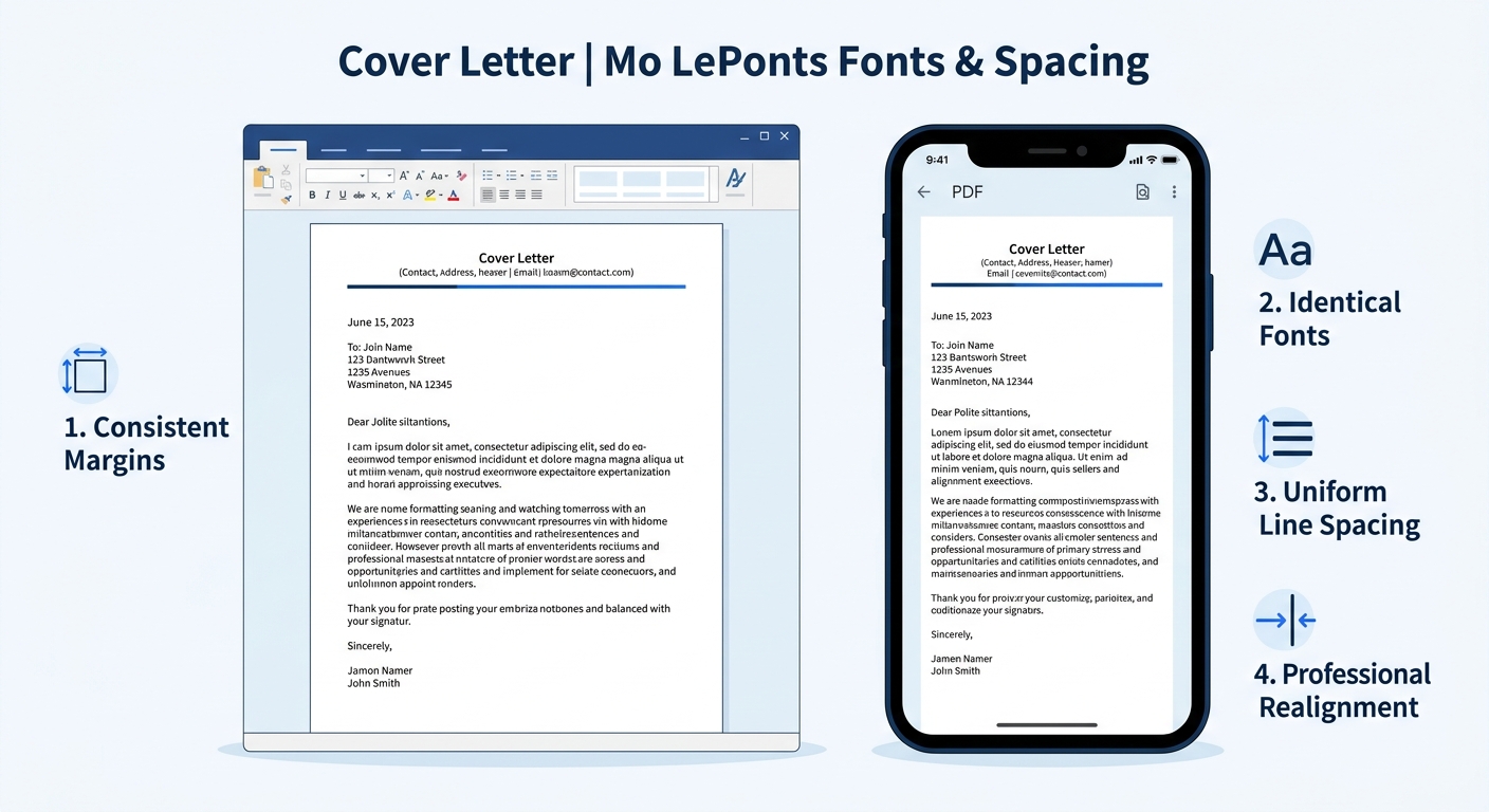 Side-by-side comparison of a formatted cover letter in a word processor window on the left and the same letter opened as a PDF on a mobile phone screen on the right, demonstrating that margins, fonts,