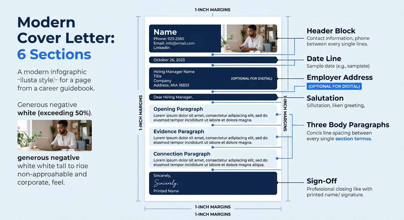 An infographic showing the complete six-section cover letter structure from top to bottom, header block, date line, employer address (marked optional for digital), salutation, three body paragraphs la