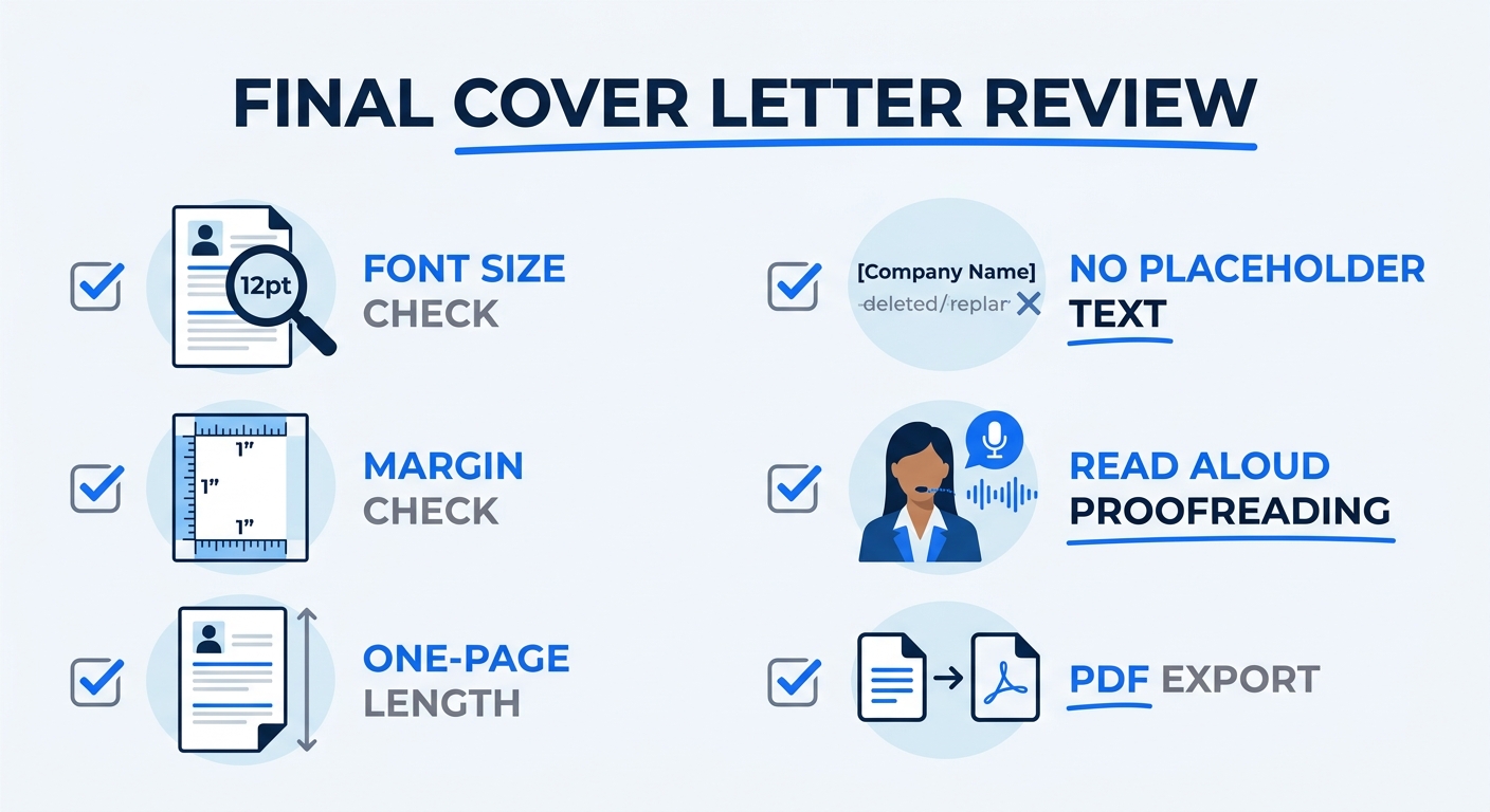 A checklist graphic showing six items for final cover letter review: font size check, margin check, one-page length, no placeholder text, read aloud proofreading, and PDF export, clean flat design wit