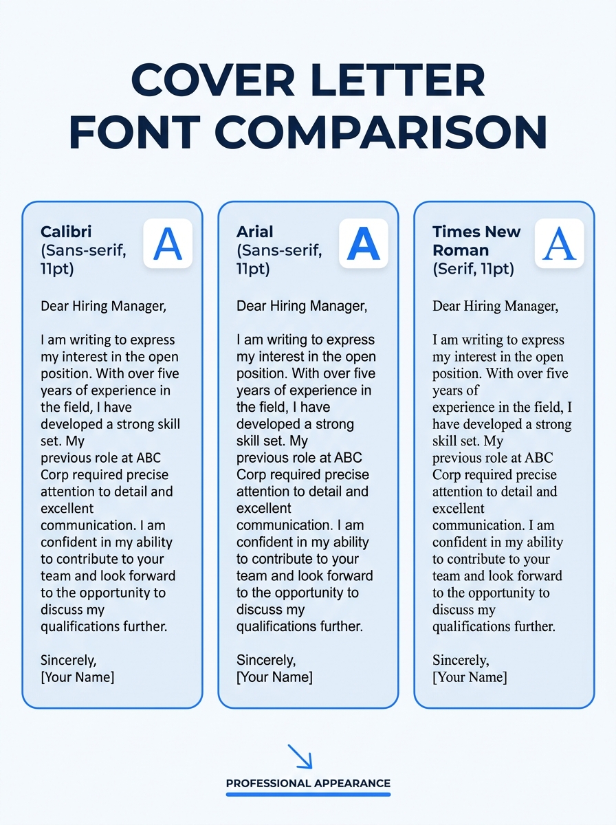 Side-by-side comparison of three cover letter fonts (Calibri, Arial, Times New Roman) at 11pt size, each showing the same sample paragraph of cover letter text on a white document background