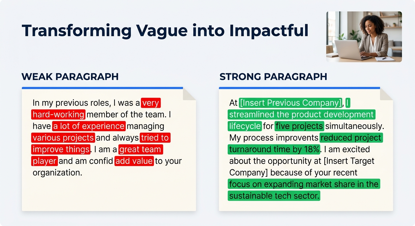 A side-by-side comparison showing a weak cover letter body paragraph on the left with vague language highlighted in red, and a strong version on the right with specific metrics and company details hig