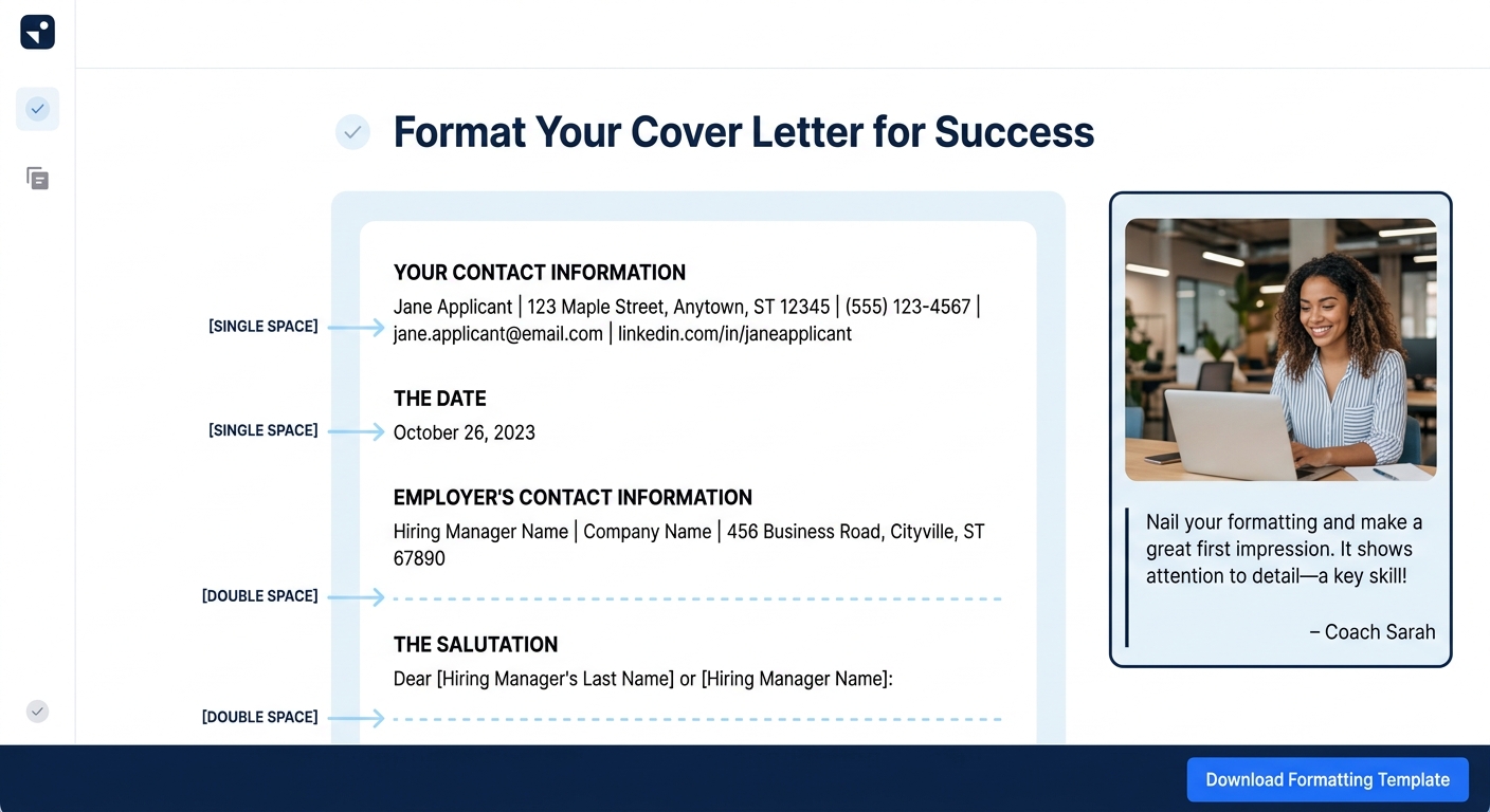 Screenshot-style illustration of a properly formatted cover letter showing the contact header, date, employer address block, and salutation with labeled spacing between each section