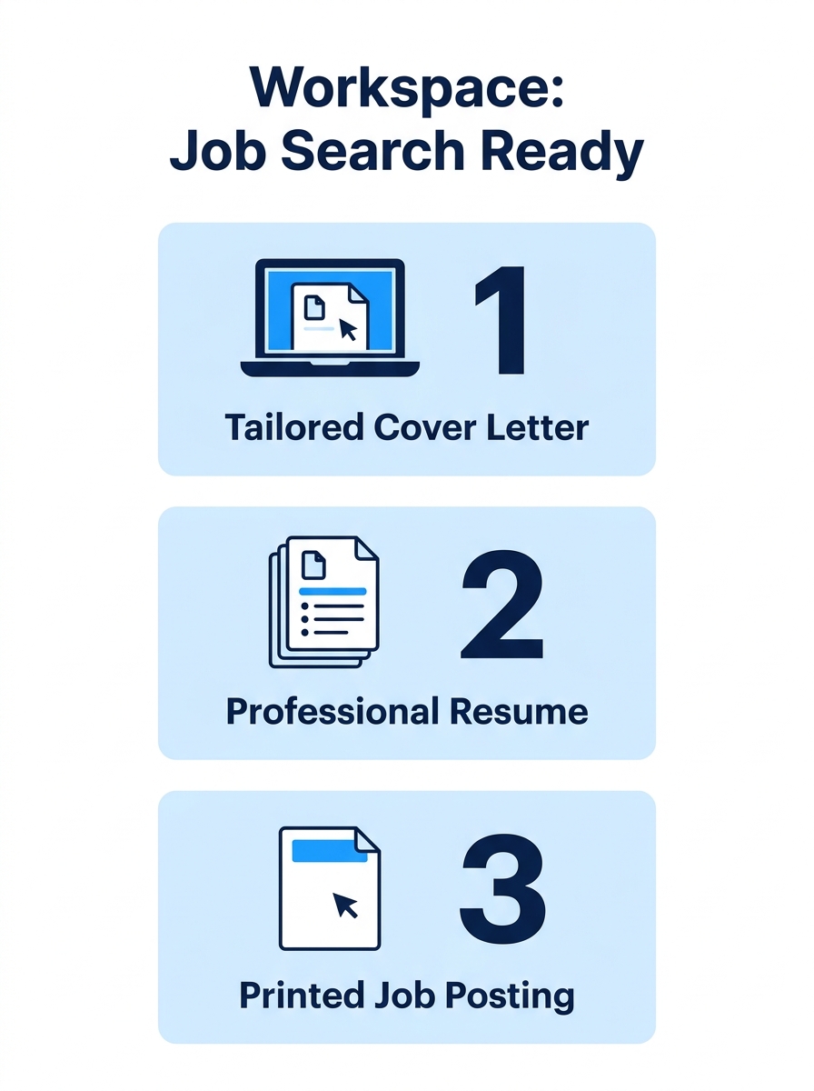 A clean desk workspace showing a laptop with a blank cover letter template open in Microsoft Word, with a printed job posting and resume beside it