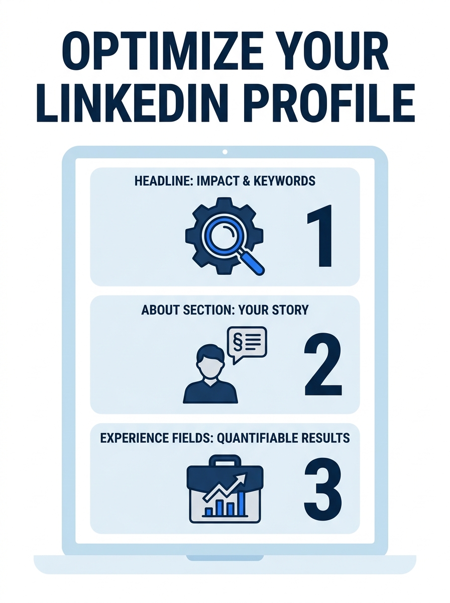 LinkedIn profile sections displayed on laptop screen showing headline, about section, and experience fields with detailed descriptions