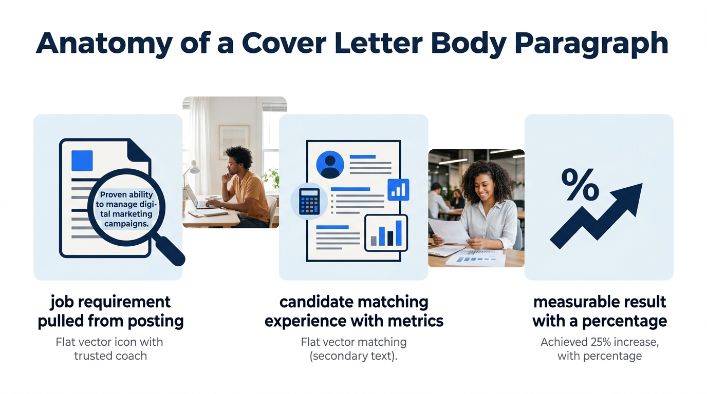 An infographic showing the anatomy of a cover letter body paragraph with three labeled components arranged as a horizontal flow: job requirement pulled from posting on the left, candidate matching exp