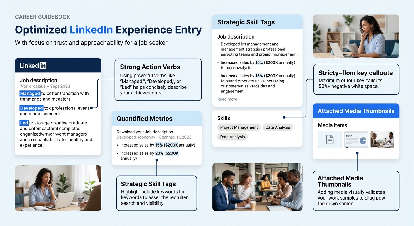 An infographic showing the anatomy of an optimized LinkedIn experience entry with labeled callouts for action verbs, quantified metrics like percentages and dollar figures, skill tags, and attached me