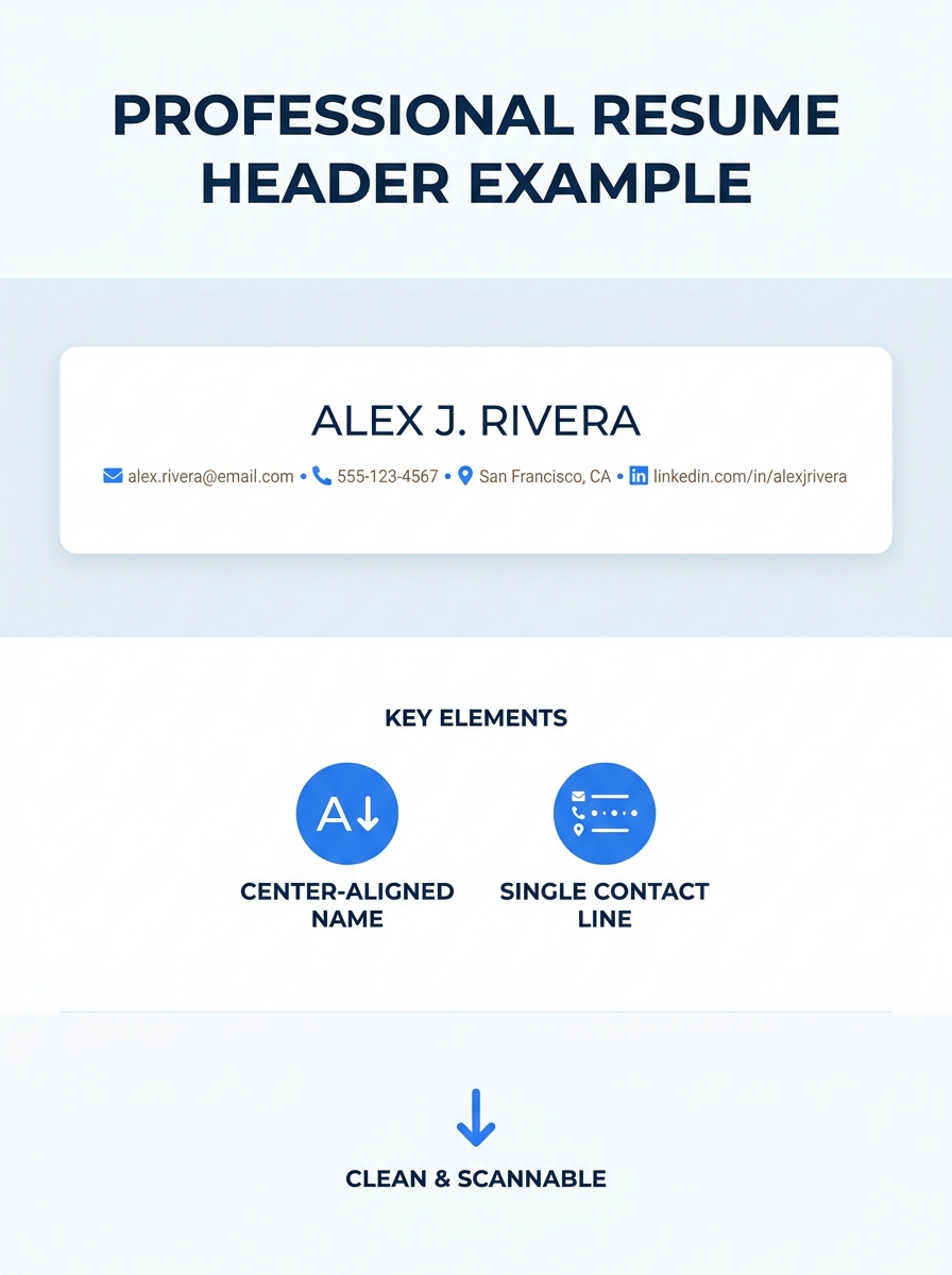 A clean resume header example showing a name centered in 14pt font with contact details on one line below, including email, phone, city/state, and LinkedIn URL, all separated by bullet point symbols o