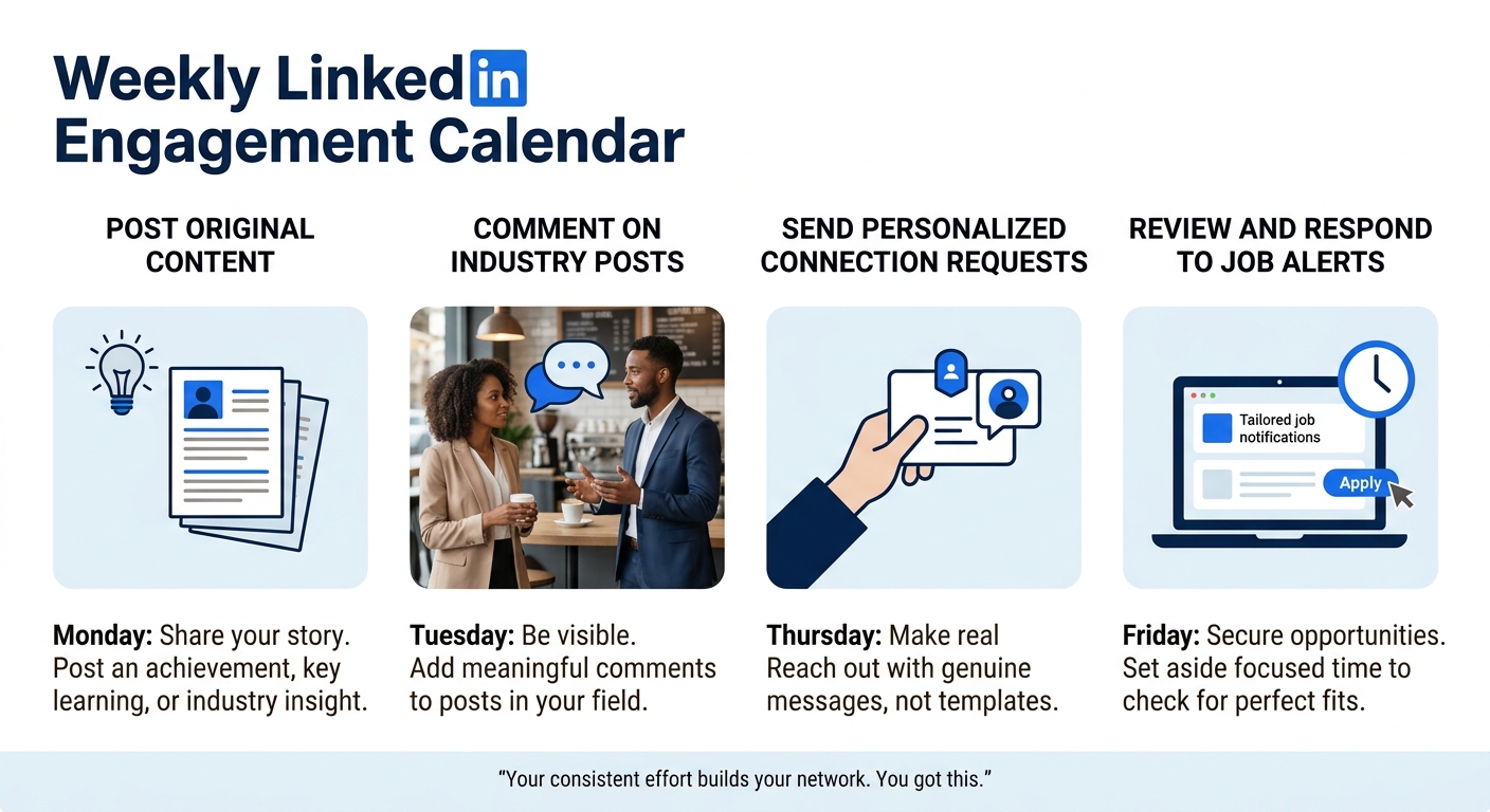 A weekly LinkedIn engagement calendar laid out Monday through Friday, showing specific daily activities including when to post original content, when to comment on industry posts, when to send persona