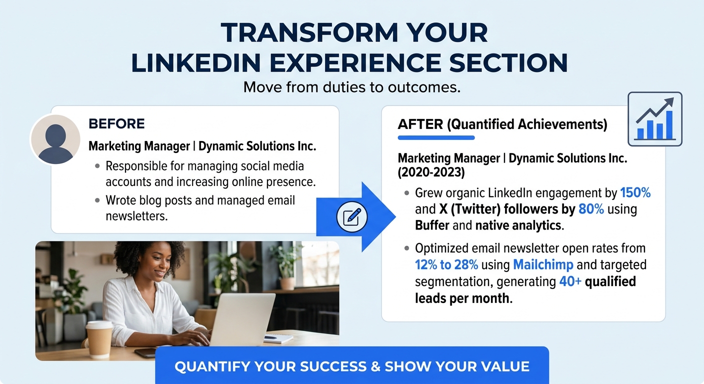 illustration showing a LinkedIn Experience section with before and after examples of bullet points, contrasting vague descriptions with quantified achievements including metrics and tool names
